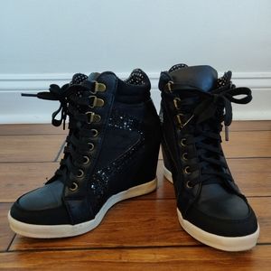 BAMBOO - Black Faux Leather Suede Wedge Heel Sneakers